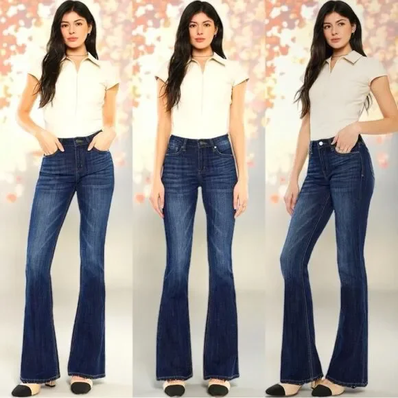 Kancan Mid Rise Dark Wash Classic Slim Flare Jeans Light Distressing – NWT - Picture 6 of 13